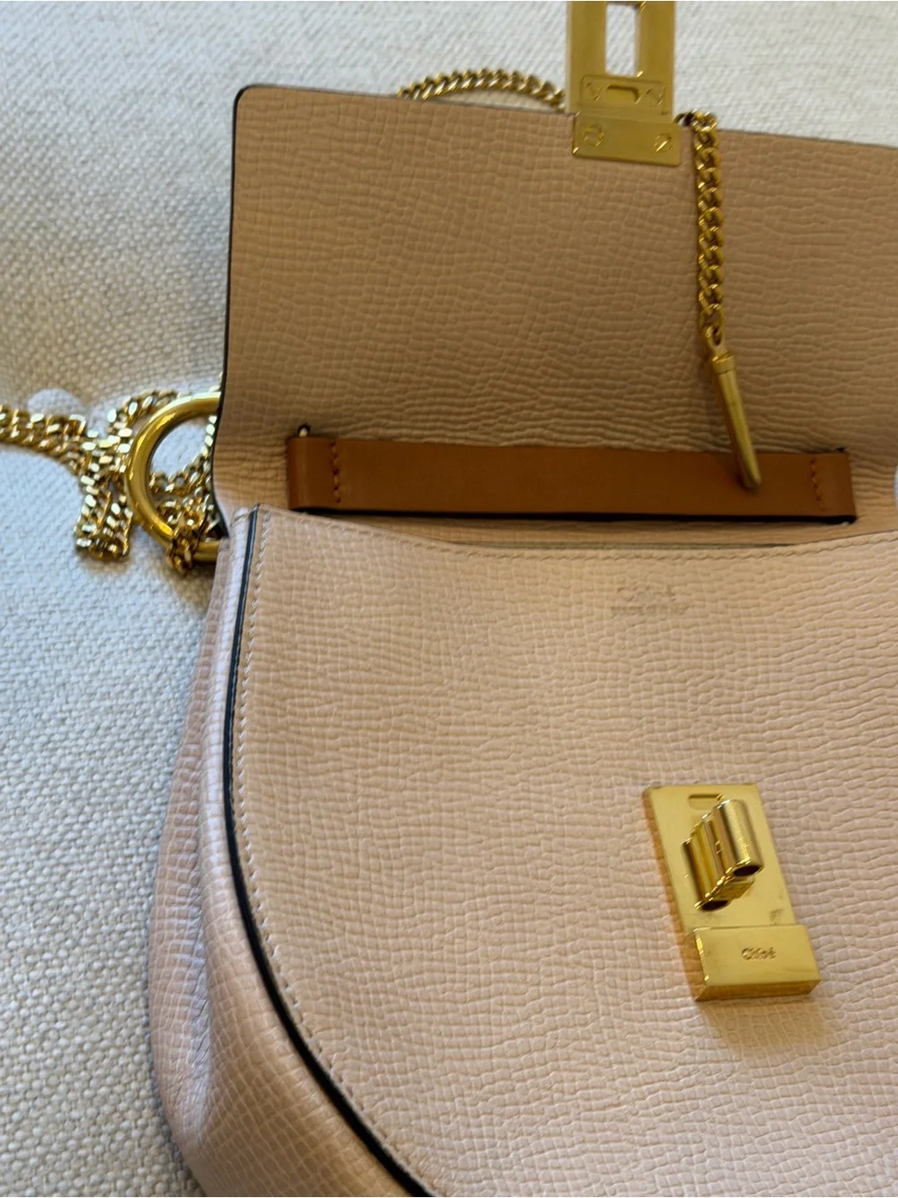 Chloe Drew Two-Tone Blush Pink and Cognac Brown Shoulder Bag with Gold Hardware